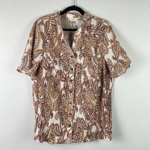 CJ Banks Button Up Shirt Womens 2X Paisley Floral Pleated Short Sleeve